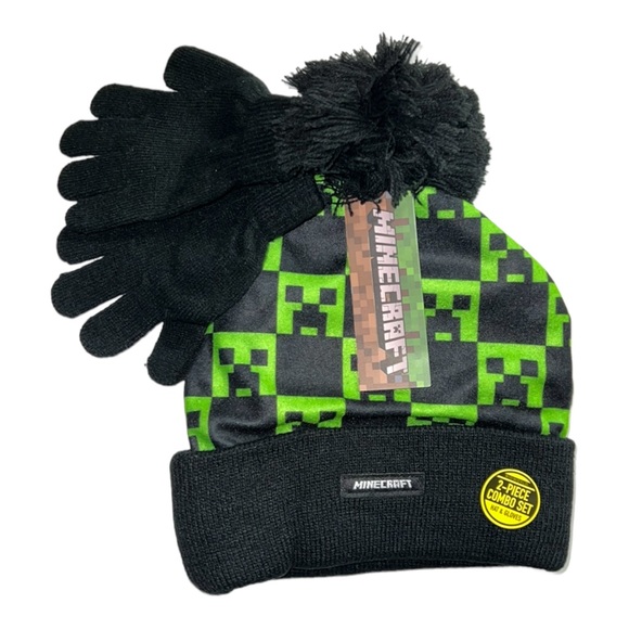 LICENSED Bioworld MINECRAFT Green Creeper Winter Pom Pom Beanie Hat Gloves Set - Picture 4 of 5